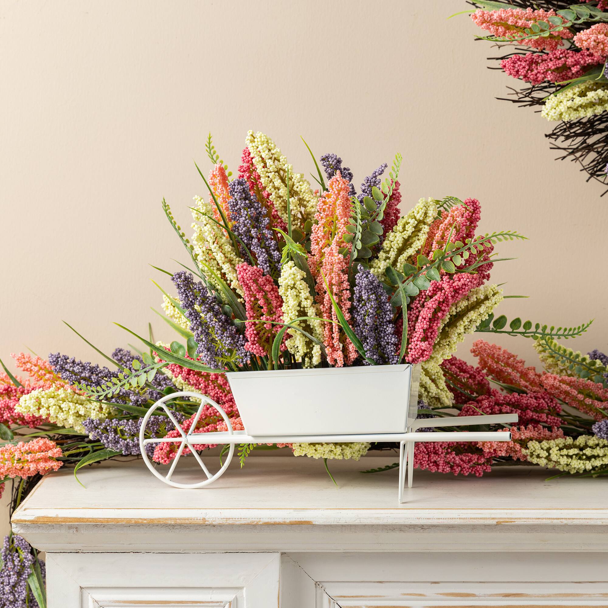 Glitzhome® 11" Pink, Purple & Yellow Mixed Heather Cart Centerpiece